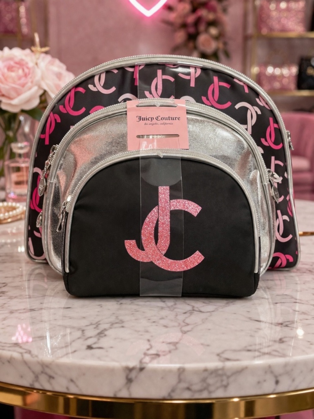 Juicy Couture Black, Pink & Silver Logo Backpack Cosmetic Set